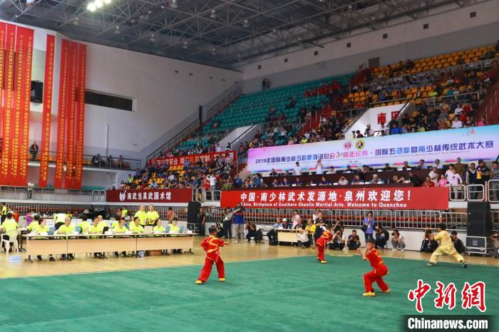 2019年国际五祖拳暨南少林传统武术大赛在福建泉州举行。图为比赛现场。　林楷煜 摄